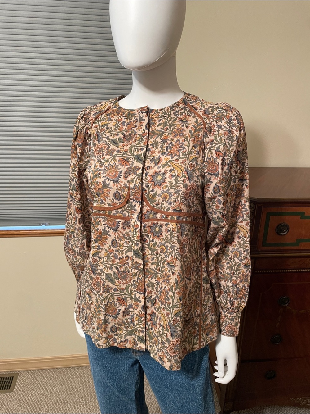 Soeur Paris Falbali 36 Floral Print Cotton Puff Sleeve Blouse Beige Rust Olive